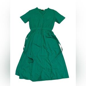 Michel Laurent Vintage 80s Silk Emerald Green Shirt Dress with Belt 11/12